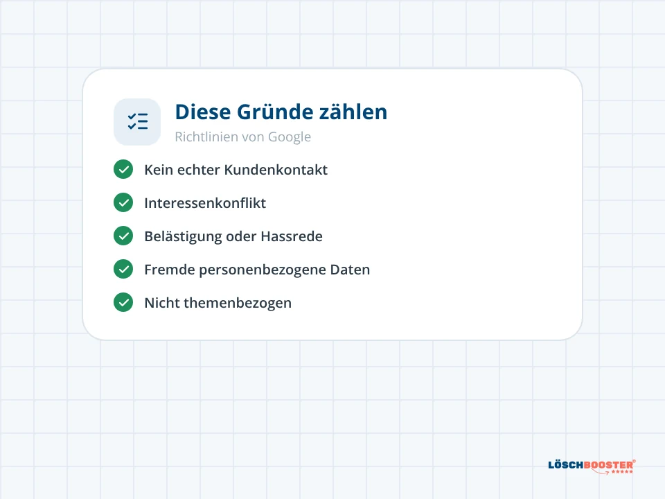 Checkliste mit fünf Richtliniengründen, die zählen, wenn du eine Google Bewertung löschen lassen willst