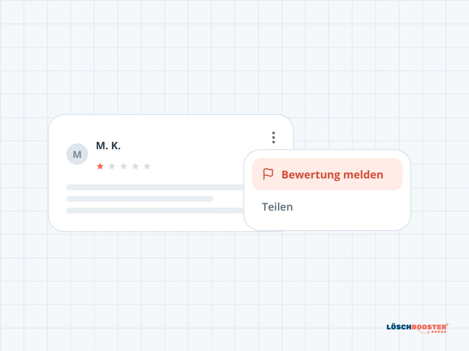 Bewertungskarte mit einem Stern und geöffnetem Menü Bewertung melden, um eine Google Bewertung löschen zu lassen
